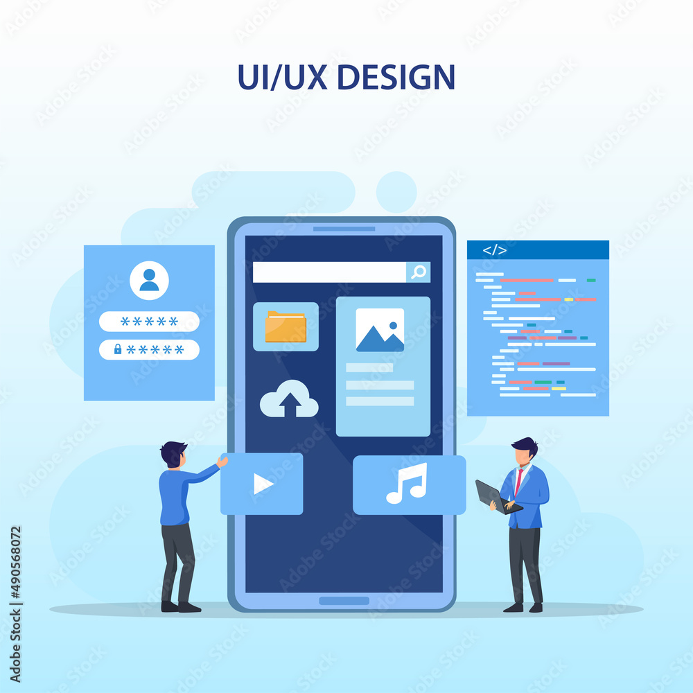Poster ui ux design concept, creating an application design, content and text place, vector illustration
