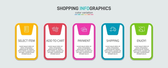 Concept of shopping process with 5 successive steps. Five colorful graphic elements. Timeline design for brochure, presentation, web site. Infographic design layout.