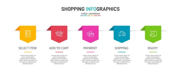 Concept of shopping process with 5 successive steps. Five colorful graphic elements. Timeline design for brochure, presentation, web site. Infographic design layout.