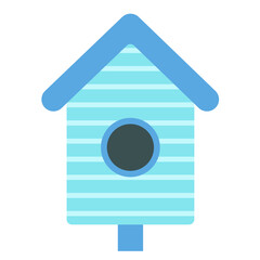 Blue bird house, cute illustration in cartoon flat style. Spring concept. Wooden bird feeder. Bird day, nature protection. Crafts made of wood and nails. 