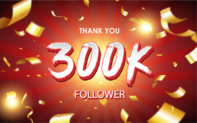 Celebrating 100k, 200K, 10K, 2K, 1K, 500K, 400K, 300K, 1K followers sign with golden sign and confetti of social media banner design 
