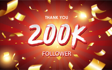 Celebrating 100k, 200K, 10K, 2K, 1K, 500K, 400K, 300K, 1K followers sign with golden sign and confetti of social media banner design 