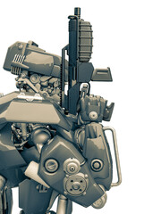 mechanical soldier holding a gun close up