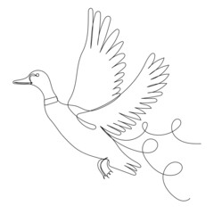 flying duck drawing in one continuous line, isolated vector