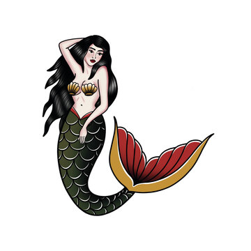 image of a mermaid in the style of a neotraditional tattoo, water-nymph