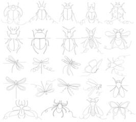 Fototapeta na wymiar insects set drawing in one continuous line, isolated vector