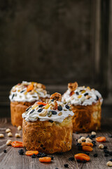 Easter cakes with nuts and dried fruits. rustic style. copy space