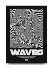 Modern poster with optical black and white waves. In Techno style, print for streetwear, for t-shirts, hoodies, and sweatshirts. Isolated on white background