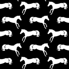 black and white vector pattern with silhouettes of horses. The theme of farm animals and equestrian sports