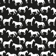 black and white vector pattern with silhouettes of horses. The theme of farm animals and equestrian sports