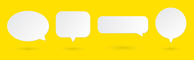 Set of four 3D speech bubble icons isolated on yellow background. 3D chat icon pack.