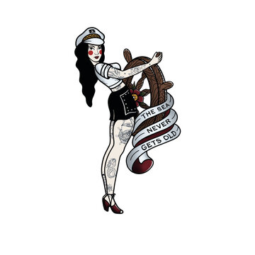 image of a sailor girl in the style of a neotraditional tattoo. the girl at the helm