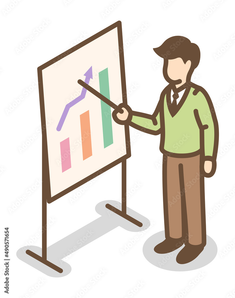 Poster man showing statistics on board. presentation report icon