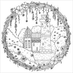 Frame with beautiful flowers, houses, leaves and tower. Hand drawn coloring page.