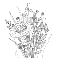 House on the flowers  with grass and leaves. Hand drawn coloring page.