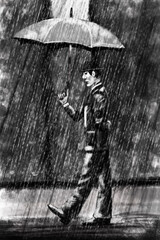 a man in a suit and hat with an umbrella in the rain