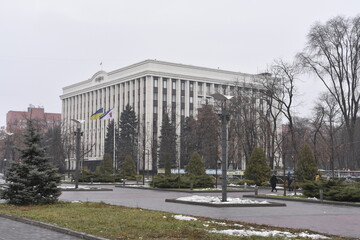 Fototapeta premium Ukraine, Dnepropetrovsk, February 23, 2022, technology exhibition, carrier rocket element factory, streets of the city of Dnieper, industrial center,