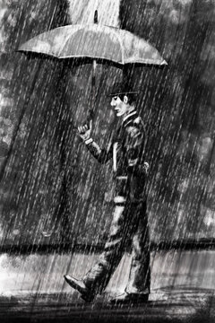 A Man In A Suit And Hat With An Umbrella In The Rain