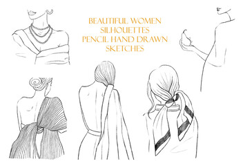 Beautiful girls silhouettes collection. Pencil hand drawn sketches on a white isolated background - 490572818