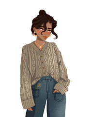 Cute girl in a gray sweater and blue jeans. Illustration on white isolated background