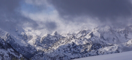 France, Ariege, Mountains Pyrenees, winter sports scene, skiers on the slopes, High quality 4k footage