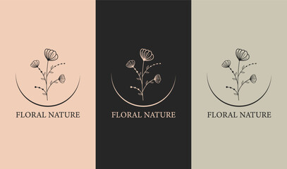 Nature hand drew leaf wreath logo floral style set design