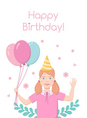 Cute birthday card, childrens concept. Pretty little girl with balloons and cap on her birthday, a greeting card. Cute vector illustration.