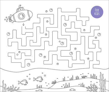 Childrens game. Labyrinth for kids. Logical quest for teaching and entertaining children. Help a submarine dive to the seabed. Coloring page. Cute vector illustration.