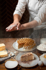 Cake with vanilla-nut cream, Maslenitsa, pancake cake. The cook has prepared a beautiful pancake cake with nuts.