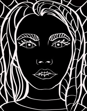 linear drawing of a portrait of a girl on a black background