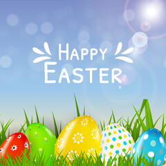 Easter poster template with 3d realistic eggs, spring background. Template for advertising, poster, flyer, greeting card. Illustration