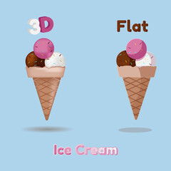 3D illustration ice cream compare with flat design style