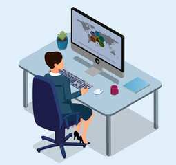 IT specialist woman working in office with computer. Vector flat 3d isometric illustration.