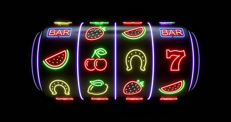 Futuristic, Modern Slot Machine Concept With Slot Symbols And Colorful Neon Lights Isolated On The Black Background - 3D Illustration	
