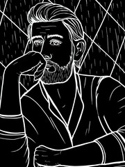 linear drawing of a portrait of a young man sitting at a table on a black background