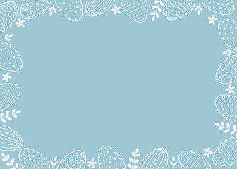 Horizontal frame of easter decorated eggs and leaves. Line art white eggs on blue background.