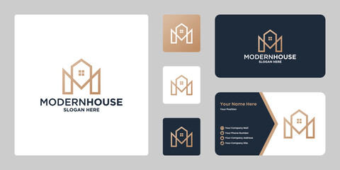 letter M with house combination logo design. M house logo vector with business card design.