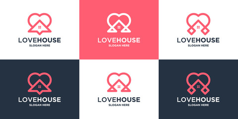 love house logo design collection. creative love with house combination logo vector