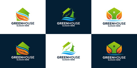 modern green house logo design. creative house combine with water and leaf logo inspiration.