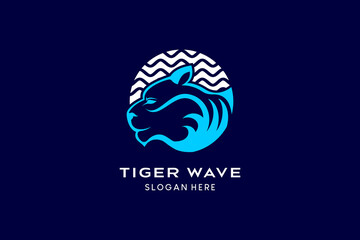 Tiger head logo design blends wave art with creative concept in circle. Premium vector logo illustration