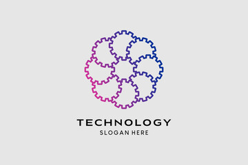 Tech logo design with gear concept in flower shaped rotating art. Premium vector logo illustration