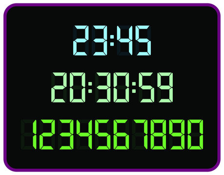 Led light digits and clock editable display. Electronic digital numbers set. Change numbers with bright green led.