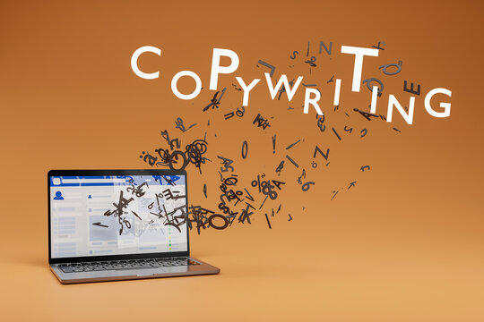 Copywriting for social media, letters flying out of a laptop. 3D Illustration
