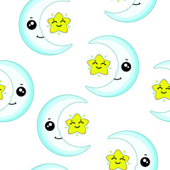 pattern with cute month with eyes and smile. seamless pattern with month and star. vector illustration, eps 10.