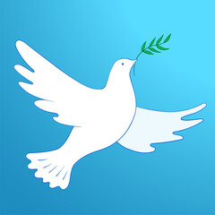 Flying peace dove with olive branch. White pigeon in the blue sky vector symbol illustration.