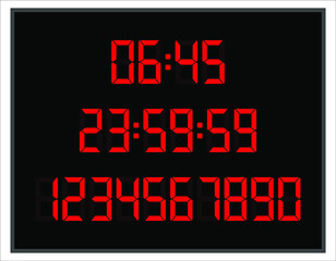 Red digits numbers set and digital clock. Led light digits and clock editable display. Electronic digital numbers set. 
