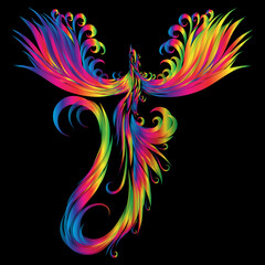 Phoenix with fire wings flying with floral feathers flaming and glowing sparkle christian rebirth symbol emblem fantasy mythical bird purple green lilac yellow blue pink color