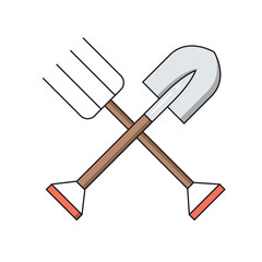 Shovel and pitchfork, simple gardening icon in trendy line style isolated on white background for web apps and mobile concept. Illustration