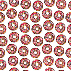 Seamless pattern of red donuts on a white isolated background. Confectionery sweets top view. High quality illustration