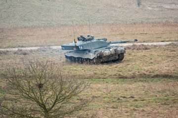 British army FV4034 Challenger 2 main battle tank in action on a military exercise, Salisbury Plain Wiltshire UK